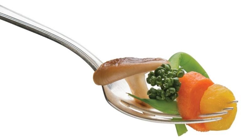 garfo de prata com legumes espetados,com shitake, vagem, brócolis, cenoura e mandioquinha fatiados