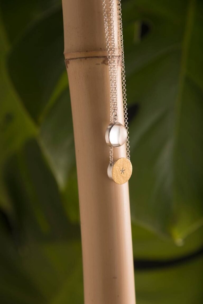 escapulário com um pingente dourado e outro transparente, corrente prata, pendurado em bambu com folhas verdes desfocadas no fundo